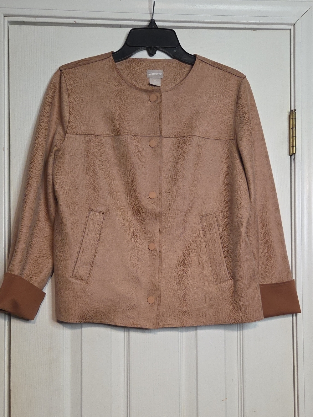 Chico's Taupe Faux-Suede Collarless Button Jacket